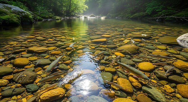 Sunlight dances on clear river water, revealing colorful pebbles and smooth stones on the riverbed, surrounded by lush green foliage.