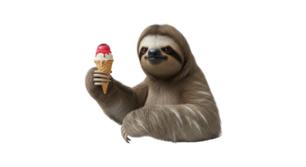 Sloth holding and enjoying an ice cream cone isolated PNG with Transparent Background