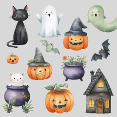 Fototapeta premium Watercolor Halloween Elements Clipart Collection — Hand Painted Spooky Illustrations with Pumpkins, Ghosts, Bats, Candles, and Creepy Autumn Decorations on White Background