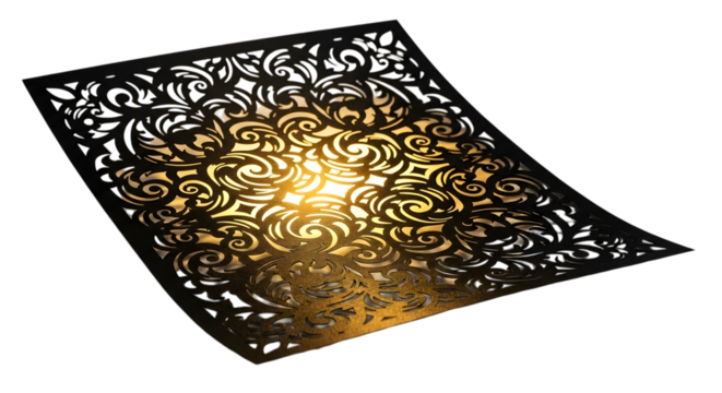 Intricate illuminated mandala pattern glowing with warm golden light on a dark background