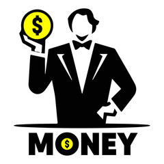 Businessman Holding Dollar Coin Vector Illustration – Money Concept, Finance Success Symbol, Wealth Investment and Banking Logo Design