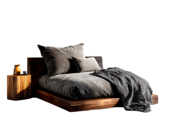 Luxurious modern bedroom sanctuary featuring a plush gray bed with textured throws and a natural wood bedside table, evoking serene comfort and elegant design for aspirational living spaces.