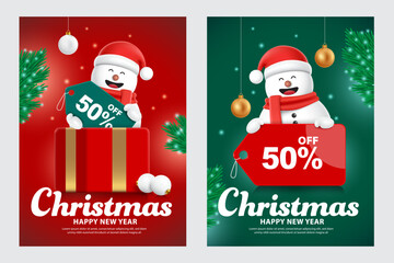 Two 50% off sale banner templates with Christmas and New Year concepts first one shows snowman holding tag label emerging from gift box second one shows snowman holding tag label in middle, vector 3d