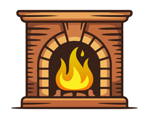 Fireplace Vector Illustration – Warm Burning Fire Flame Inside Classic Brick Mantel for Winter, Home Interior, and Holiday Design