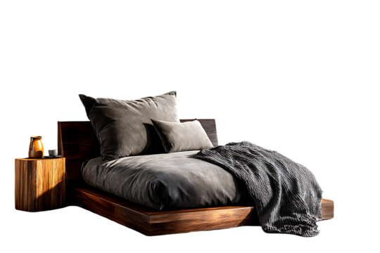 Luxurious modern bedroom sanctuary featuring a plush gray bed with textured throws and a natural wood bedside table, evoking serene comfort and elegant design for aspirational living spaces.