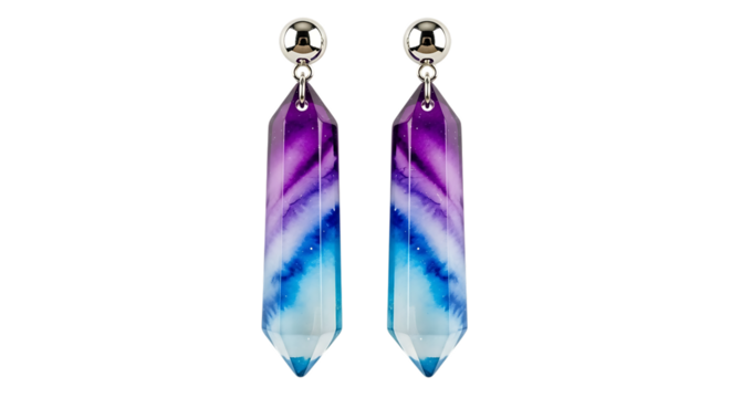 Pair of fluorite crystal earrings isolated on transparent background for jewelry