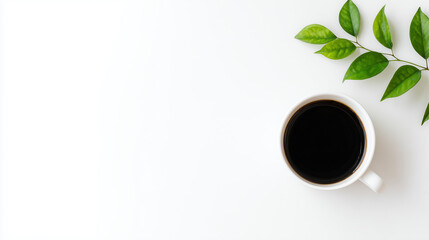 Minimalist workspace with coffee cup and greenery, showcasing simplicity and productivity from above. lifestyle magazines.