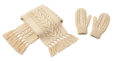 Beige knitted scarf and mittens isolated on transparent background for winter season