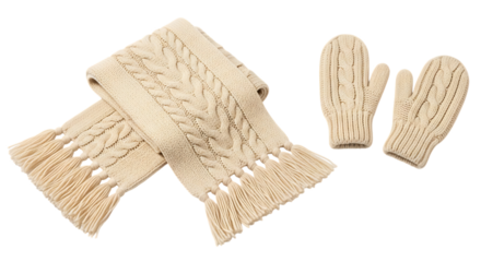Beige knitted scarf and mittens isolated on transparent background for winter season