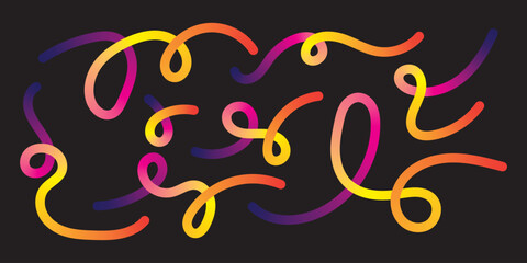 Colorful gradient lines background. Wavy abstract shapes collection. Decorative squiggle doodles set. Iridescent curved spirals elements. Vector rainbow swirls. Carnival smooth gradations strokes.