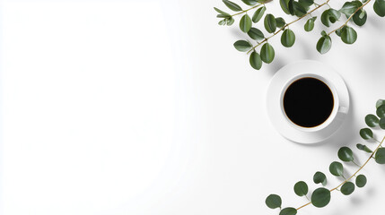 Minimalist workspace with coffee cup and greenery, showcasing simplicity and productivity from above. lifestyle magazines.