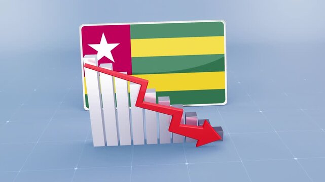 Togo Flag and Bar Chart Graph Showing Decreasing Values a Red Arrow Economic Crisis Concept