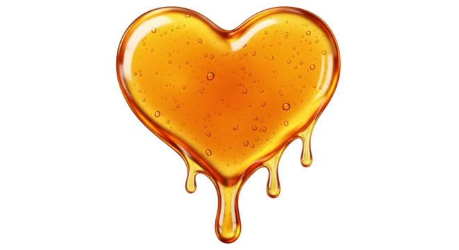 Golden Honey Heart, Dripping Syrup Heart, Viscous Liquid Heart, Glossy Amber Heart, Realistic Honey Shape