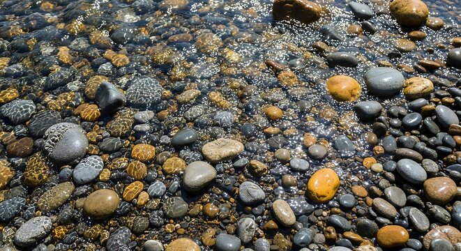 Smooth colorful pebbles under clear flowing water on a riverbed.