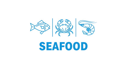 Fototapeta premium Seafood Logo, Fish Crab Shrimp Icon Set, Blue Seafood Branding, Marine Food Vector, Seafood Restaurant Emblem