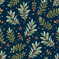 Colorful botanical pattern with leaves and geometric shapes on dark background  