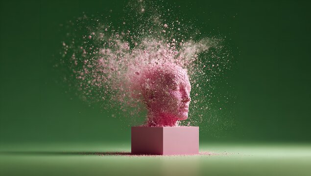 Abstract pink head exploding into particles, symbolizing creativity and transformation, against a minimalist green backdrop