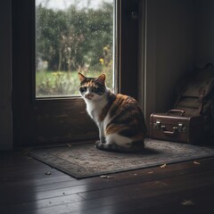 Calico cat sits indoors near window during a rainy afternoon