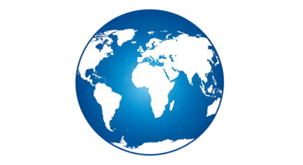 Stylized world map in blue and white on white background, Minimalist globe illustration highlighting continents, Graphic representation of Earth with gradient blue sphere, Clean vector-style world map