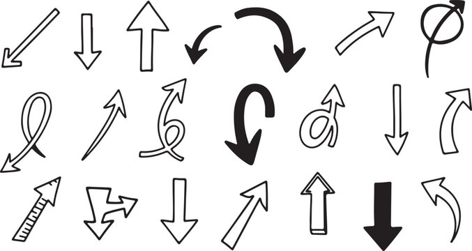  Hand-Drawn Arrow Vector Set &ndash; Doodle Sketch Direction Icons, Editable Stroke