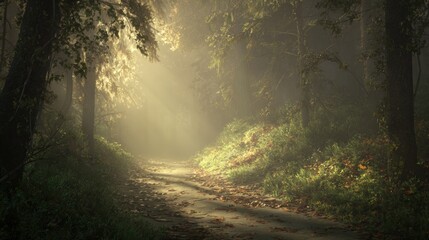 Sunlit Forest Path Bathed in Golden Morning Light Filtering Through Trees