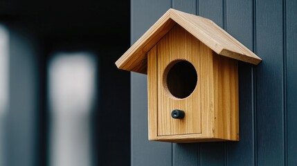 Welcoming wooden birdhouse perched gracefully against a contemporary house