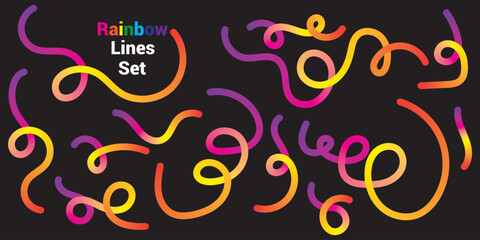 Obraz premium Abstract Color Line Shapes. 3D Gradient Waves Pattern on a Black Background. Vector Swirl Rainbow Ribbons. Fluid Graphics Element Design