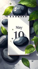 Calendar showing May 10th with black stones and vibrant green foliage