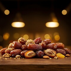 A close-up of date nuts and whole dates arranged on a rustic wooden table, highlighting their natural appearance.