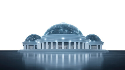 Obraz premium Futuristic dome building with glass architecture, modern columns, and reflective surface, illuminated in cool blue tones, evokes innovation and advanced technology in urban design