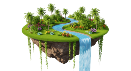 Beautiful tropical island with river and waterfall isolated on transparent background