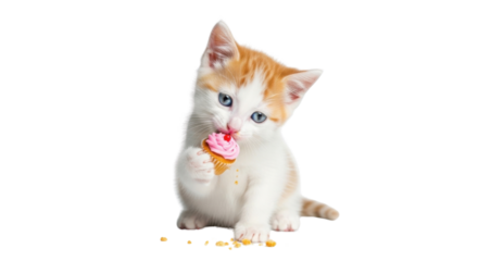 Ginger kitten eating a tiny cupcake isolated PNG with Transparent Background