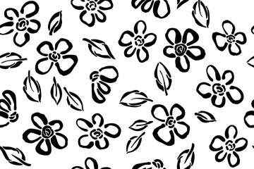 Seamless pattern with monochrome flowers, hand-drawn with a black brush. Vector floral elements. Abstract primitive botanical print. Drawing on a white background.