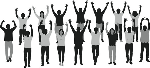 Diverse cheering crowd illustration, mixed silhouettes with raised hands, celebration audience, grayscale people group banner, event header vector