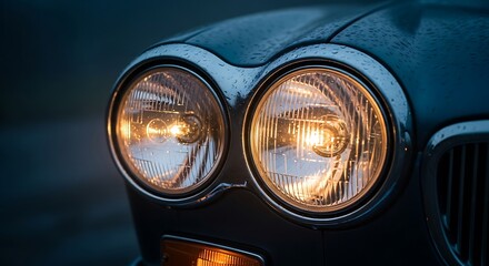 Vintage Car Headlights Illuminated at Dusk.