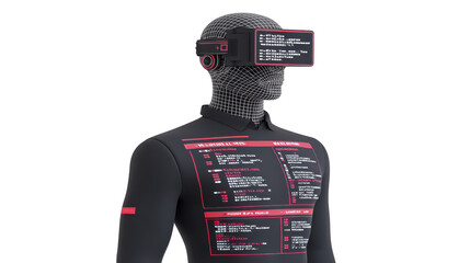 Virtual reality headset, futuristic suit, digital interface, and wireframe human figure with glowing red accents, representing advanced technology and immersive experience