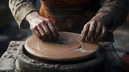 Skillful hands of a ceramic artist working with wet mud and clay on a pottery wheel to shape a handmade earthenware bowl with craft and precision