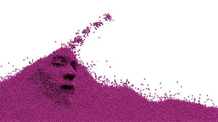 Surreal face emerges from wave of small purple spheres on transparency background, evoking mystery and creativity in abstract digital art
