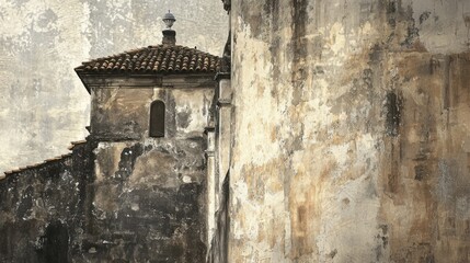 Fototapeta premium Weathered old building with tiled roof and textured wall surface