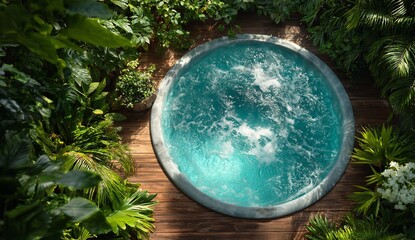 Serene oasis escape with bubbling hot tub surrounded by lush tropical foliage and warm wooden deck, inviting relaxation