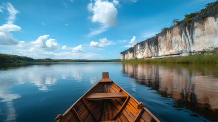 A serene wooden boat floats on the calm lake water near a rustic jetty pier reflecting the soft clouds and green nature of a peaceful summer landscape