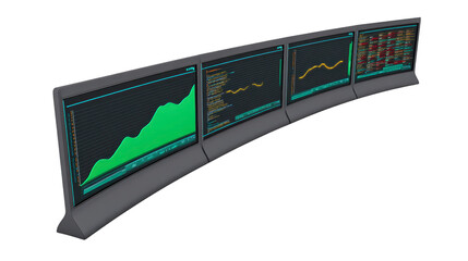 Curved monitor setup with four screens displaying financial data, stock market charts, and code, ideal for trading, analysis, and productivity in modern office environment