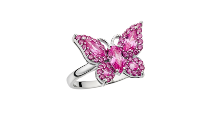 Butterfly ring with pink sapphires isolated on transparent background, jewelry art