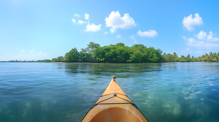 A tranquil wooden canoe floats on the calm water of a green summer lake at sunset, reflecting a beautiful nature landscape and clear sky during a leisure travel trip