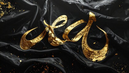 Calligraphic gold script overlays black satin fabric