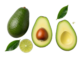 Whole deep green avocado, two halves revealing creamy flesh and seed, sea salt, lime, and leaves elegantly arranged on a clean transparent background with high key lighting, concept for culinary