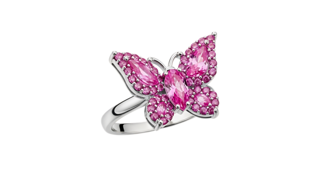 Butterfly ring with pink sapphires isolated on transparent background, jewelry art