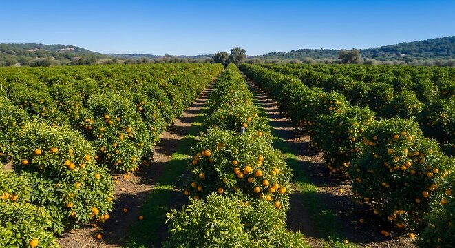 Vast Orange Grove Under Clear Blue Sky.