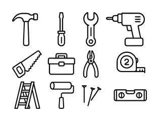 Obraz premium Outline icons of common hand tools and diy equipment