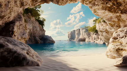 Sunlight glistens on the Mediterranean water as rugged rocks and a steep cliff frame a beautiful beach along the Spanish coastline